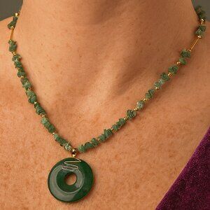 Icy Green Donut Jadeite Jade Pendant, 100%  Jadeite and Natural Chip Stone Beads